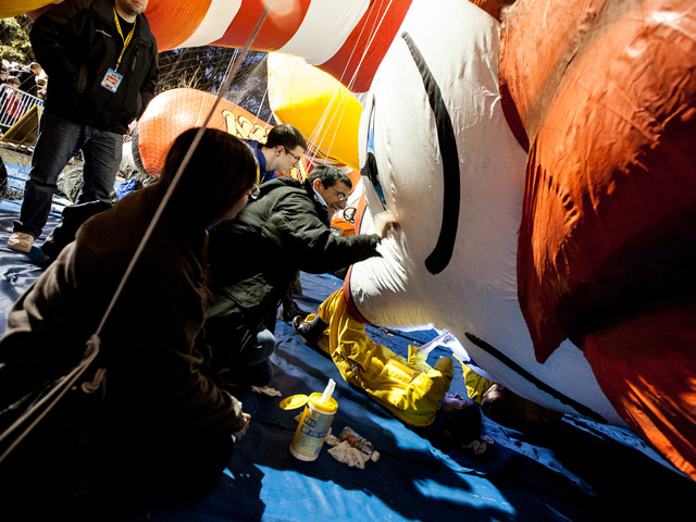 <p>The giant Ronald McDonald inflatible balloon gets a clean-up before the annual Thanksgiving Day Parade on Nov. 21st, 2012.</p>
