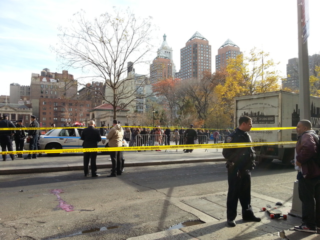 <p>A man riding a skateboard was struck by a truck and critically injured on Broadway near Union Square Tuesday afternoon, Nov. 20, 2012.</p>
