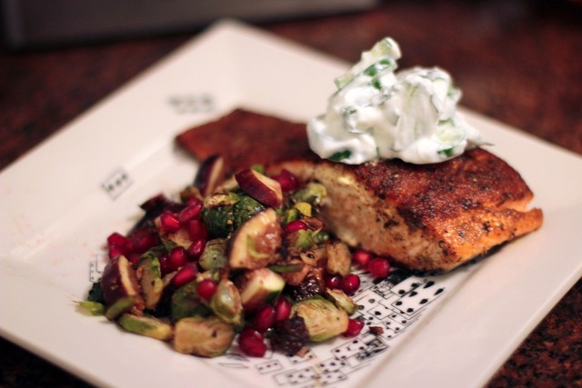 <p>A crispy, spicy salmon is balanced by a cool cucumber relish and sweet and tangy Brussels sprouts.</p>
