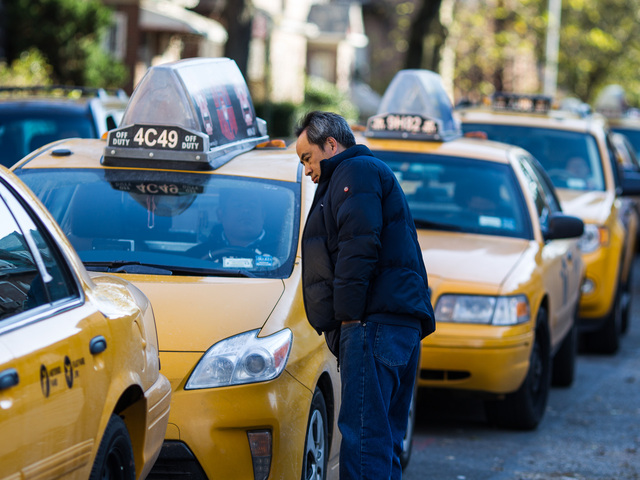 <p>A yellow cab driver waits in line for fuel outside the Shell gas station in Queens on Nov. 9, 2012.</p>
