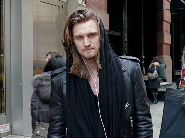<p>Wool hoods paired with rock style biker jackets in SoHo.</p>
