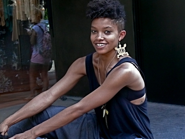 <p>Artist Mike Falcon's radiant muse was sublimely dressed in an ensemble of complexion revealing, active knits showcasing varying shades of indigo, in SoHo.</p>
