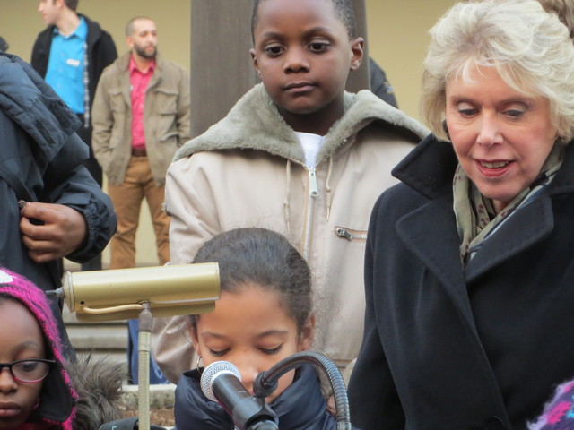 <p>Asphalt Green Director Carol Tweedy stood at the podium with 9-year-old Kiara Gomez, who read her letter to Mayor Michael Bloomberg protesting the East 91st Street Marine Transfer Station.</p>
