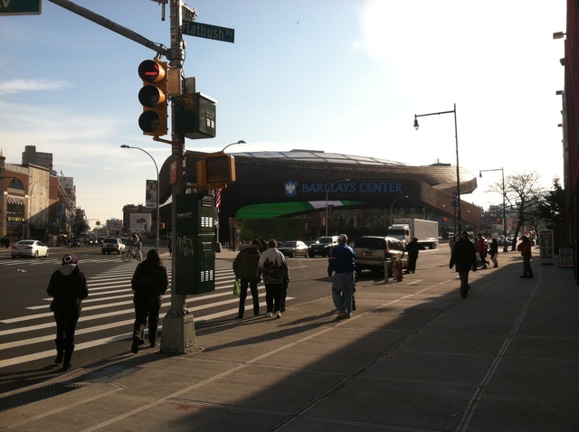 <p>The afternoon after a pedestrian was fatally struck at the intersection of Flatbush Avenue and Atlantic Avenue, the area is bustling with activity.</p>
