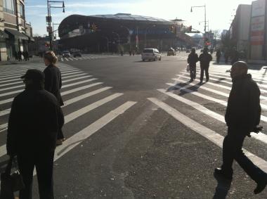 A pedestrian was fatally struck by a street sweeper in front of the Barclays Center early Saturday morning.