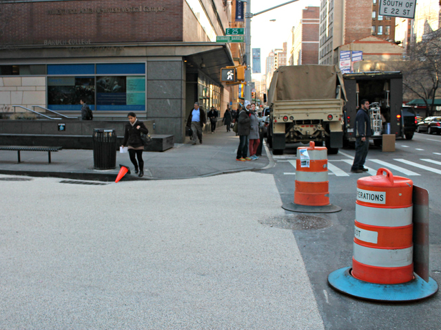 <p>The block has been repaved to distinguish it from the surrounding streets as part of its conversion into a public plaza.</p>
