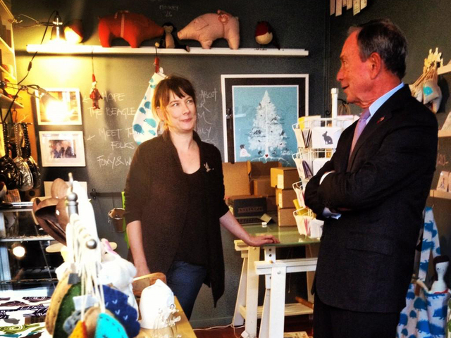 <p>Mayor Michael Bloomberg visited Foxy & Winston during a visit to Red Hook Wednesday morning, Dec. 5, 2012. He bought one of the pig-shaped pillows seen on the mantle above, Foxy & Winston studio director Jessica Vanderberg said.</p>
