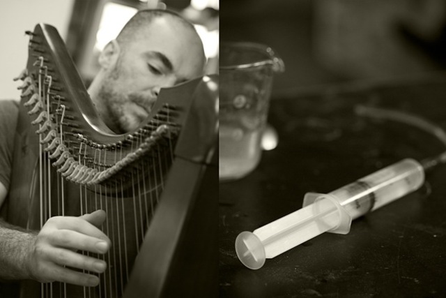 <p>Andy Cavatorta, pictured here, designed harps for Bjork's "Biophilia" with his partner, Marina Mihaeko.</p>
