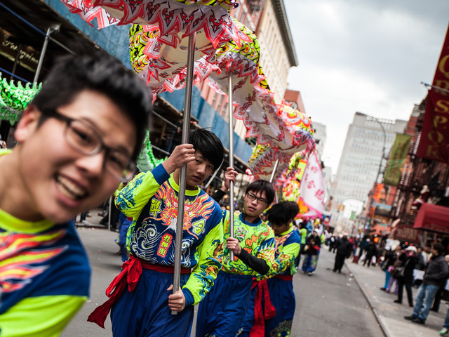 <p>Members of the New York United Lion and Dragon Dance Troupe enjoy the annual East Meets West Parade in Chinatown & Little Italy on Dec. 22nd, 2012.</p>
