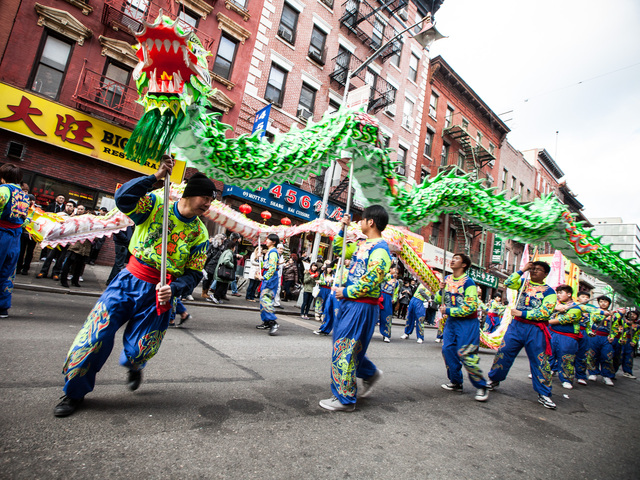 <p>Chinese dragons of the New York United Lion and Dragon Dance Troupe thrill the crowds at the annual East Meets West Parade in Chinatown & Little Italy on Dec. 22nd, 2012.</p>
