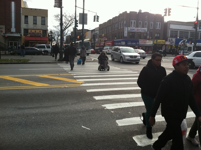 <p>The intersection at Utica Ave. and Eastern Parkway, where a 9-year-old was headed from the north to south corner when he was hit by a westbound livery cab on Dec. 22, 2012.</p>
