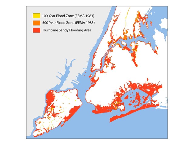 <p>The red represents the area that was actually flooded during Superstorm Sandy.</p>
