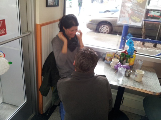 <p>Jeffrey Lehman pops the question to Jamie Drogin at Big Daddy's diner on the Upper West Side.</p>
