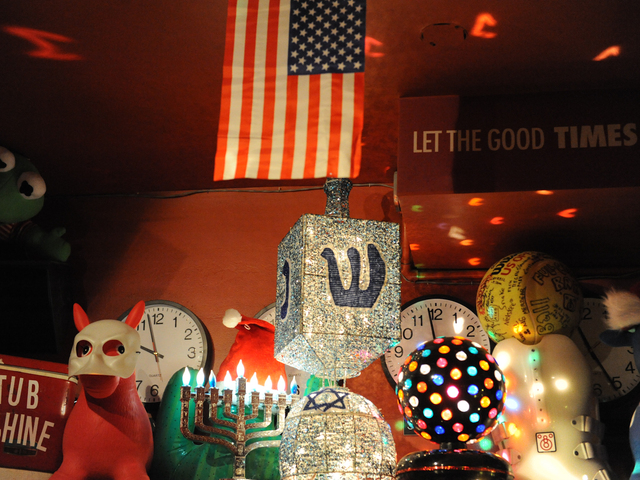 <p>Some of the Hanukkah-themed decorations at the major league dreidel competition.</p>
