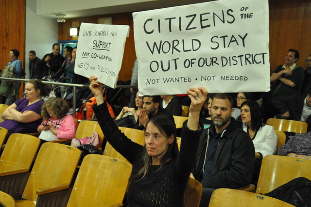 <p>Community members came out to oppose the slated co-location of Citizens of the World Charter School in December.</p>
