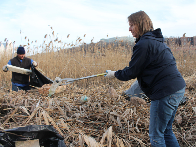 <p>Jennifer Holst&nbsp;picks up trash along the Sherman Creek shorline.</p>

