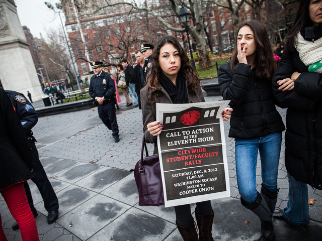 <p>Students gather in Washington Square Park for a protest rally and a march against the Cooper Union School administration on Dec. 8, 2012.</p>
