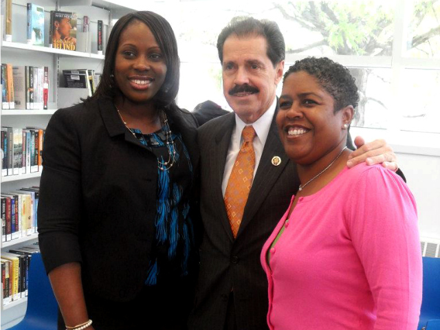 <p>State Assemblywoman Vanessa Gibson (l) is said to be considering a bid for the seat currently held by City Councilwoman Helen Diane Foster (r), who will be term-limited next year. U.S. Rep. Jos&eacute; E. Serrano poses with them.</p>
