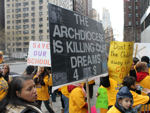 <p>Blessed Sacrament School students at a rally outside the Archdiocese of New York headquarters on Dec. 12, 2012.</p>
