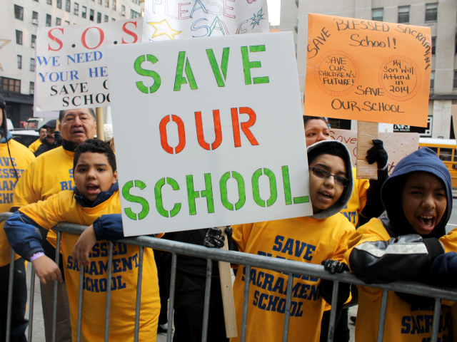 <p>Blessed Sacrament School students at a rally outside the Archdiocese of New York headquarters on Dec. 12, 2012.</p>
