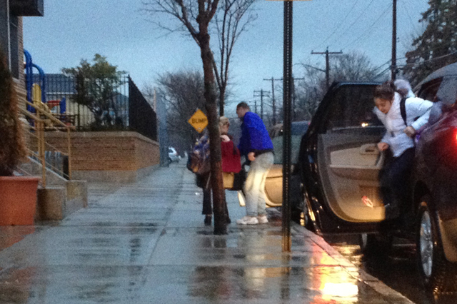 <p>Parents dropped off children at P.S. 114 in Belle Harbor on the Rockaways Wednesday morning, Jan. 16, 2013, the first morning of the school bus strike.</p>
