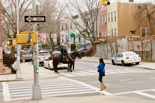 <p>Mounted police patrol a block near P.S. 45 Horace E. Greene, which a gunman entered Tuesday afternoon while fleeing an undercover cop.</p>
