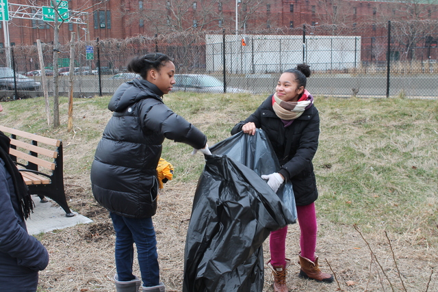 <p>Friends Josephine Miranda and Alexis Davis, both 14-year-old ninth-graders at Democracy Prep, picked up trash at Harlem River Park.</p>
