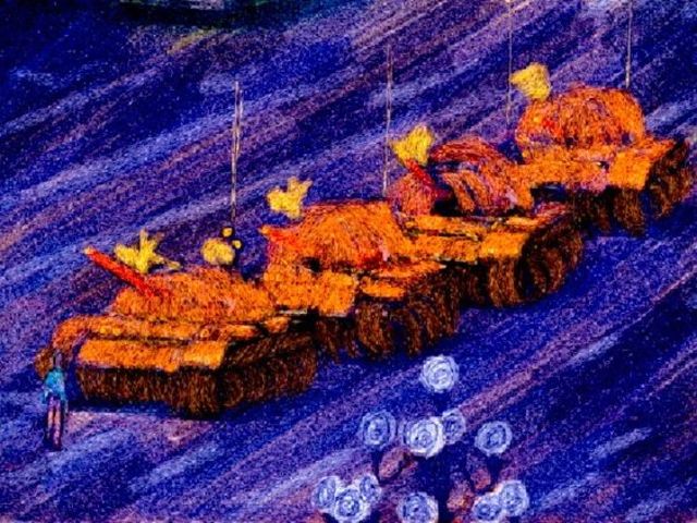 <p>James Drosnes used the 1989 image of a lone man standing down four tanks during the Tiananmen Square riots in China.</p>
