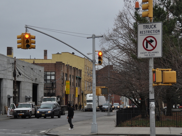 <p>Many industrial businesses line Cooper Park on Morgan Avenue, contrasting with the residential strip of Maspeth&nbsp;Avenue also lining the park.</p>
