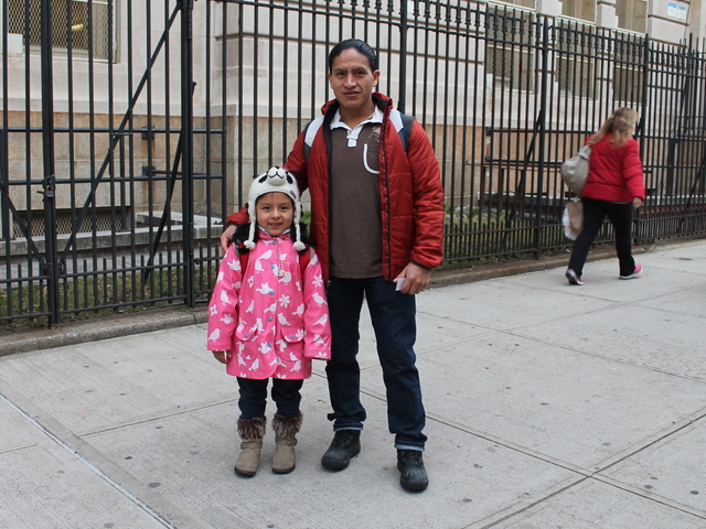 <p>Monica Granda, 6, and father David Granda outside P.S. 85, at 23-70 31st Street in Astoria, Queens.</p>
