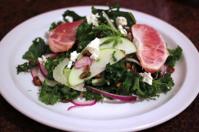 <p>This raw kale salad combines the cruciferous superfood with the crunch of green apples, the subtle licorice flavor of fennel and salty pistachios, wrapped up in a sweet and tangy Meyer lemon vinaigrette.</p>

