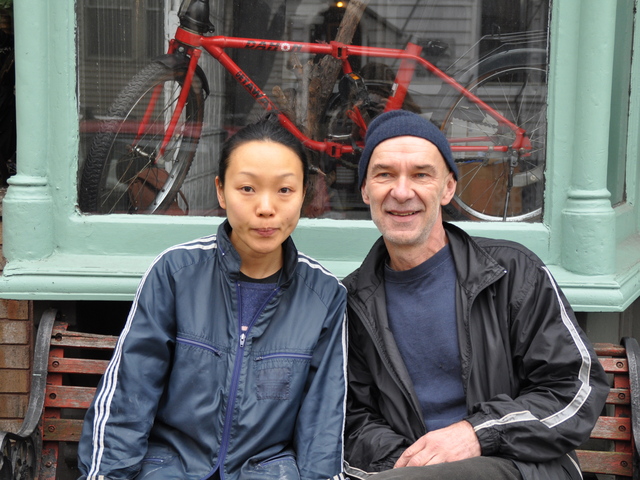 <p>Second Stop Cafe's manager Jack Szarapka&nbsp;and his wife Toko Harada&nbsp;sat outside the former cafe, where Harada will be opening a "pop-up bakery" starting next week.</p>
