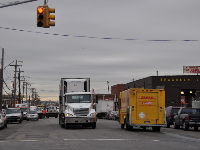 <p>Trucks drove on Maspeth Avenue in WIlliamsburg.</p>
