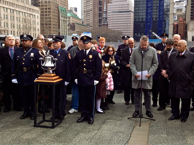 <p>William Macko, the son of a 1993 WTC bombing victim, reads names of those killed 20 years ago during a commemoration ceremony at the 9/11 memorial.</p>
