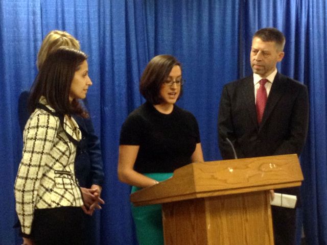 <p>Lydia Cuomo, who was sexually assaulted in Inwood in 2011, speaks at a press conference in Albany on Feb. 12, 2013 in support of a bill by Queens Assemblywoman Aravella Simotas' bill to broaden the state's legal definition of rape.</p>
