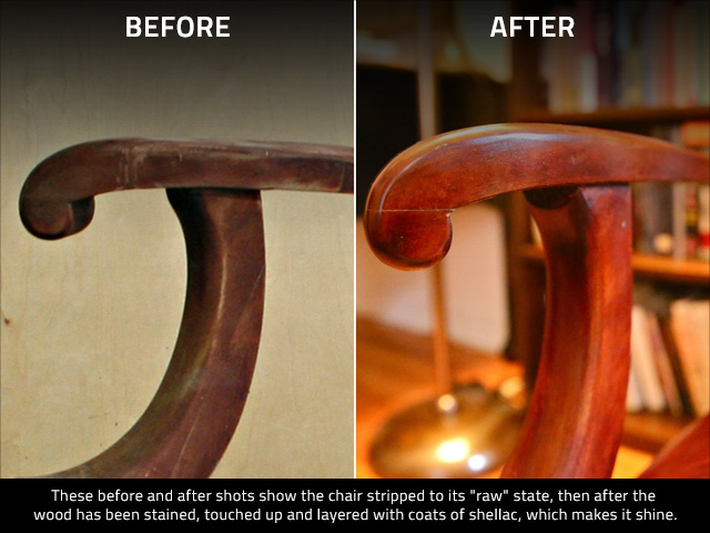<p>The 'before and after' of restoring a chair, first with the wood stripped to a raw state, and then when the wood has been stained and polished.</p>
