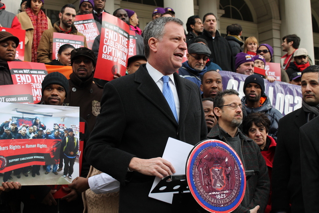 <p>Public Advocate and Democratic mayoral candidate Bill de Blasio called on the City Council to hold Cablevision accountable for alleged labor violations Tuesday, Feb. 26, 2013. On Monday, he sent an open letter to the National Basketball Association, urging the league to hold its 2015 All-Star Game at the Barclay's Center instead of Madison Square Garden, where Cablevision CEO James Dolan serves as executive chairman.</p>
