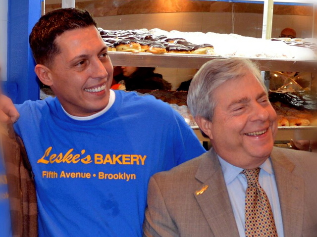 <p>Brooklyn Borough President Marty Markowitz (right) celebrates the opening of the new Leske's Bakery on Fifth Avenue and Prospect Avenue in Park Slope.</p>

