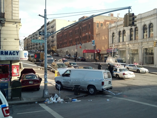 <p>A two-car crash at Broadway and 135th Street sent the vehicles careening onto the sidewalk Feb. 6, 2013.</p>
