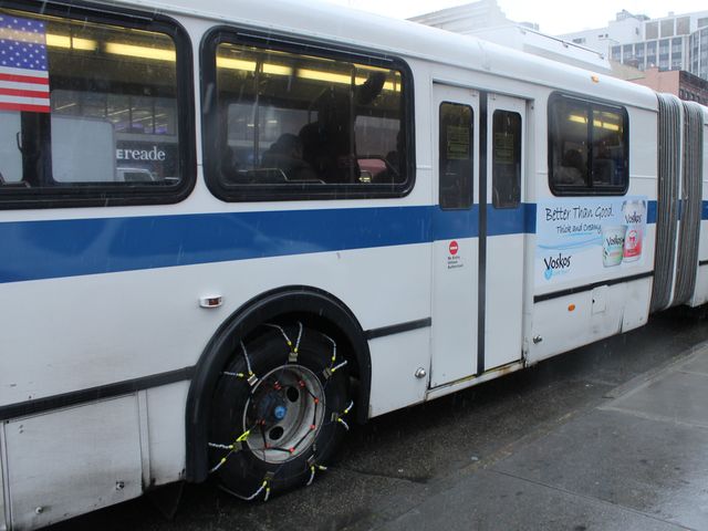 <p>Chains were on bus tired Friday morning in preparation for the blizzard.</p>
