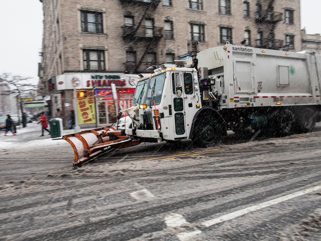 <p>A NYC plow clears snow on Broadway in Washington Heights in Upper Manhattan, New York City on Feb. 8, 2013.</p>
