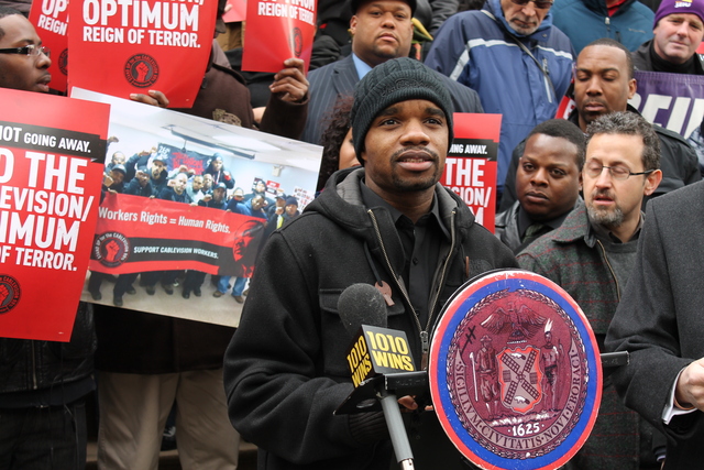 <p>Clarence Adams, one of 22 Cablevision workers who claim they were illegally 'permanently replaced' by the corporation in January 2013, called on the City Council to hold Cablevision accountable for its alleged labor violations Tuesday, Feb. 26, 2013.</p>
