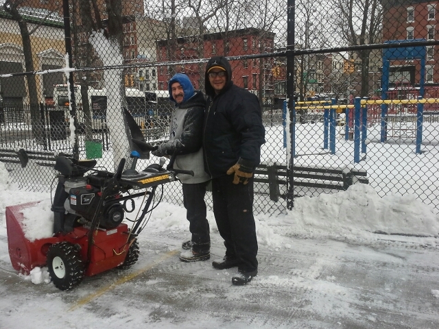 <p>Dil Collin and Israel Bonanno shoveling snow outside of ABC Playground, on the Lower East Side on Feb. 9, 2013.</p>
