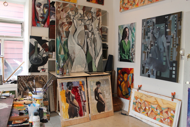 <p>Anievas' paintings in the studio.</p>
