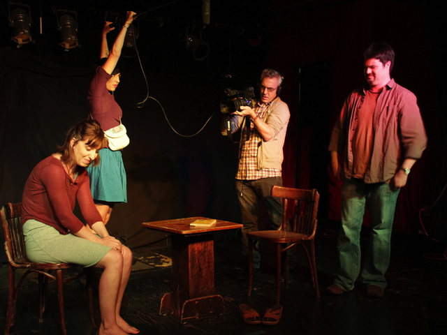 <p>Juniper Foster, Emily Niewendorp, Steven Levine, and Ryan O&rsquo;Toole performing the play "Famous," written by O&rsquo;Toole and Foster.</p>
