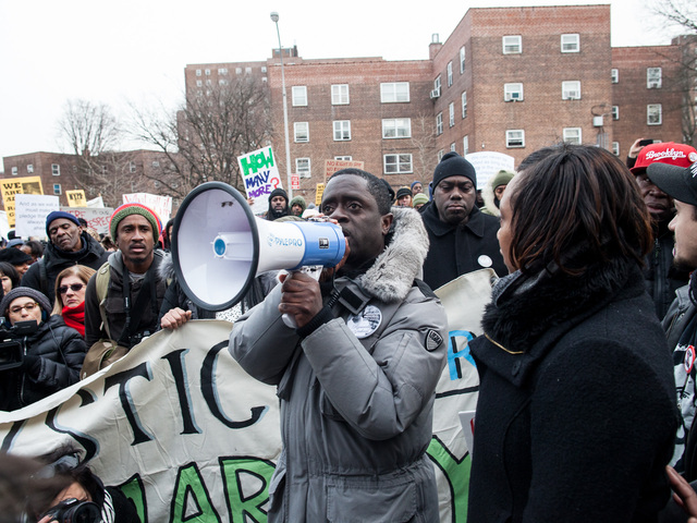 <p>Franclot Graham, the father of slain teenager Ramarley Graham protests outside the 47th Precinct in the Bronx on Feb. 2, 2013.</p>
