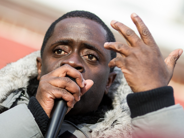 <p>Franclot Graham, the father of slain teenager Ramarley Graham speaks at the one-year anniversary for his teenage son in the Bronx on Feb. 2, 2013.</p>
