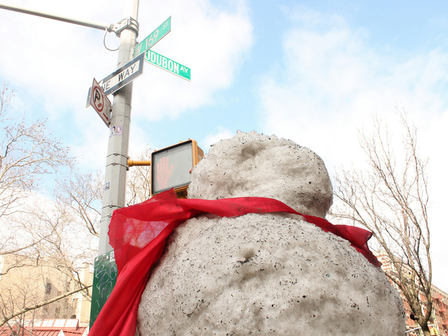 <p>The snowman sits on the corner of 169th Street and Audubon Avenue.</p>
