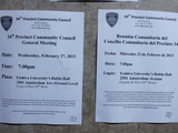 English and Spanish Fliers List Different Precinct Council Meeting Dates