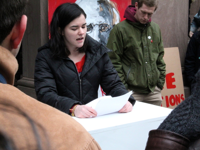 <p>Jillian Dolan, whose application to Cooper Union has been delayed, reads a statement to protesters Feb. 20, 2013.</p>
